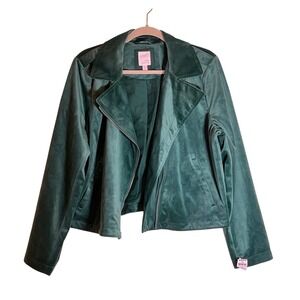 Lauren Conrad Women's Emerald Green Velvet Moto Jacket Full Zip - Size XL